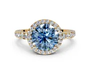 Halo Engagement Ring Setting for Fancy Blue Round Cut Center with Heart-Shaped Openwork, Pave Band and Prong Head in Yellow Gold