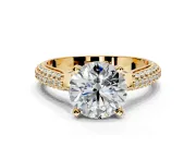 Solitaire Engagement Ring Setting for Round Cut Center with Multi-Row Accents and Prong Head in Yellow Gold
