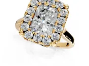 Single Halo Engagement Ring Setting for Radiant Cut Center with Corner Claws, Plain Band and Prong Head in Yellow Gold