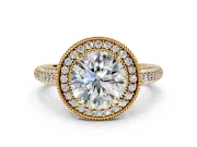 Milgrain Halo Engagement Ring Setting for Round Cut Center with Three-Sided Pave Band and Prong Head in Yellow Gold