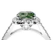 Halo Engagement Ring Setting for Fancy Green Cushion Cut Center with Raised Halo, Pave Band and Prong Head in Sterling Silver