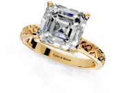 Solitaire Engagement Ring Setting for Asscher Cut Center with Scrollwork Band and Prong Head in Yellow Gold