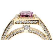 Halo Engagement Ring Setting for Fancy Pink Emerald Cut Center with Framed Halo, Pave Band and Prong Head in Yellow Gold
