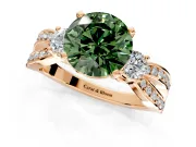 3 Stone Engagement Ring Setting for Fancy Green Round Cut Center with Pave Twist Band and Prong Head in Rose Gold