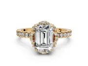 Halo Engagement Ring Setting for Emerald Cut Center with Openwork Halo, Pave Band and Prong Head in Yellow Gold