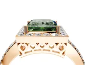 Halo Engagement Ring Setting for Fancy Green Princess Cut Center with Heart-Shaped Openwork, Pave Band and Prong Head in Rose Gold