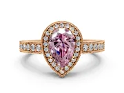 Milgrain Halo Engagement Ring Setting for Fancy Pink Pear-Shaped Center with Wide Pave Band and Prong Head in Rose Gold