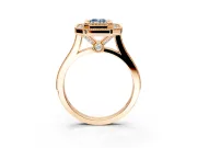 Halo Engagement Ring Setting for Fancy Blue Emerald Cut Center with Milgrain Frame, Pave Band and Prong Head in Rose Gold