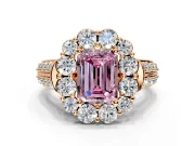 Large Accent Halo Engagement Ring Setting for Fancy Pink Emerald Cut Center with Pave Split Shank and Prong Head in Rose Gold