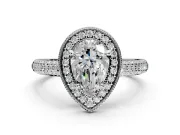 Milgrain Halo Engagement Ring Setting for Pear-Shaped Center with Three-Sided Pave Band and Prong Head in White Gold