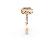 Halo Engagement Ring Setting for Emerald Cut Center with Heart-Shaped Openwork, Pave Band and Prong Head in Rose Gold