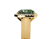 Halo Engagement Ring Setting for Fancy Green Radiant Cut Center with Knife Ridge Cathedral Band and Prong Head in Yellow Gold