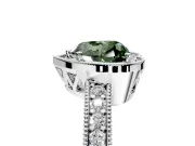 Milgrain Halo Engagement Ring Setting for Fancy Green Heart-Shaped Center with Wide Pave Band and Prong Head in Platinum