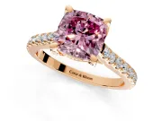 Solitaire Engagement Ring Setting for Fancy Pink Cushion Cut Center with Widening Pave Band and Claw Prong Head in Rose Gold