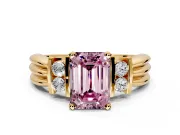Solitaire Engagement Ring Setting for Fancy Pink Emerald Cut Center with Grooved Bar Accent Band and Prong Head in Yellow Gold