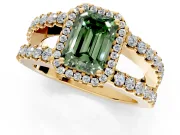 Halo Engagement Ring Setting for Fancy Green Emerald Cut Center with Wide-Open Pave Split Shank and Prong Head in Yellow Gold