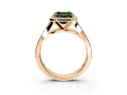 Halo Engagement Ring Setting for Fancy Green Asscher Cut Center with Narrow Pave Split Shank and Prong Head in Rose Gold