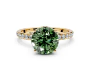 Hidden Halo Engagement Ring Setting for Fancy Green Round Cut Center with Pave Band and Prong Head in Yellow Gold