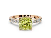 Baguette Engagement Ring Setting for Fancy Yellow Cushion Cut Center with Alternating Bar-Set Band and Prong Head in Rose Gold