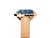 Halo Engagement Ring Setting for Fancy Blue Emerald Cut Center with Knife Ridge Cathedral Band and Prong Head in Rose Gold