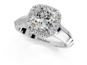 Halo Engagement Ring Setting for Cushion Cut Center with Knife Ridge Cathedral Band and Prong Head in Platinum
