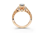 Solitaire Engagement Ring Setting for Emerald Cut Center with Filigree Accent Basket and Prong Head in Rose Gold