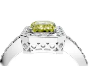 Halo Engagement Ring Setting for Fancy Yellow Emerald Cut Center with Heart-Shaped Openwork, Pave Band and Prong Head in Platinum