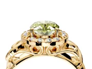 Halo Engagement Ring Setting for Fancy Yellow Oval Center with Open Scroll Shoulders and Prong Head in Yellow Gold