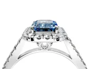 Halo Engagement Ring Setting for Fancy Blue Emerald Cut Center with Raised Halo, Pave Band and Prong Head in Sterling Silver