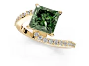 Solitaire Engagement Ring Setting for Fancy Green Princess Cut Center with Pave Bypass Swirl Band and Prong Head in Yellow Gold