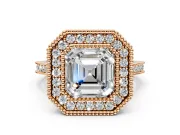 Halo Engagement Ring Setting for Asscher Cut Center with Milgrain Frame, Pave Band and Prong Head in Rose Gold