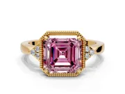 Cluster Engagement Ring Setting for Fancy Pink Asscher Cut Center with Milgrain Shoulder Clusters and Prong Head in Yellow Gold