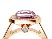 Halo Engagement Ring Setting for Fancy Pink Asscher Cut Center with Outer Bezel Rim, Pave Band and Prong Head in Rose Gold