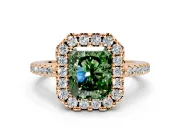 Pave Halo Engagement Ring Setting for Fancy Green Radiant Cut Center with Single Row Pave Band and Prong Head in Rose Gold