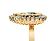 Halo Engagement Ring Setting for Fancy Green Pear-Shaped Center with Milgrain Bezel Rim, Plain Band and Prong Head in Yellow Gold