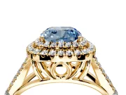 Double Halo Engagement Ring Setting for Fancy Blue Cushion Cut Center with Narrow Pave Split Shank and Prong Head in Yellow Gold