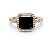 Halo Engagement Ring Setting for Fancy Black Asscher Cut Center with Narrowing Pave Band and Prong Head in Rose Gold