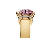 Solitaire Engagement Ring Setting for Fancy Pink Round Cut Center with Wide Band, Pave Collar and Prong Head in Yellow Gold