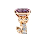 Leaf Motif Engagement Ring Setting for Fancy Pink Emerald Cut Center with Pave Band and Prong Head in Rose Gold