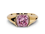 Tension Engagement Ring Setting for Fancy Pink Cushion Cut Center with Wide Tapered Band and Tension Head in Yellow Gold
