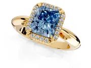 Halo Engagement Ring Setting for Fancy Blue Radiant Cut Center with Tapered Plain Band and Prong Head in Yellow Gold