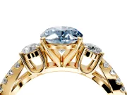 3 Stone Engagement Ring Setting for Fancy Blue Oval Center with Pave Split Shank and Prong Head in Yellow Gold