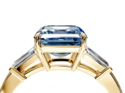 3 Stone Engagement Ring Setting for Fancy Blue Asscher Cut Center with Baguette Accents and Prong Head in Yellow Gold