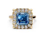 Single Halo Engagement Ring Setting for Fancy Blue Asscher Cut Center with Corner Claws, Plain Band and Prong Head in Yellow Gold