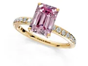 Solitaire Engagement Ring Setting for Fancy Pink Emerald Cut Center with Fine Pave Band and Prong Head in Yellow Gold