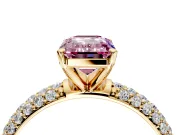 Solitaire Engagement Ring Setting for Fancy Pink Emerald Cut Center with Domed Multi-Row Pave Band and Prong Head in Yellow Gold
