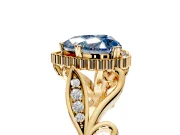 Halo Engagement Ring Setting for Fancy Blue Heart-Shaped Center with Leaf Motif Split Shank and Prong Head in Yellow Gold