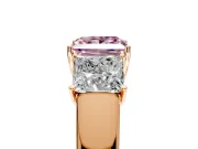 3 Stone Engagement Ring Setting for Fancy Pink Princess Cut Center with Raised Basket Heads and Prong Head in Rose Gold