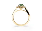 Halo Engagement Ring Setting for Fancy Green Oval Center with Narrowing Pave Band and Prong Head in Yellow Gold