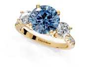 3 Stone Engagement Ring Setting for Fancy Blue Round Cut Center with Crossover Basket, Pave Band and Prong Head in Yellow Gold